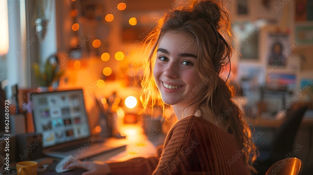 A brightly lit home office setup with a young professional on a video call, smiling and engaging with clients, with motivational posters in the background A brightly lit home office setup with a young professional on a video call, smiling and engaging with clients, with motivational posters in the background