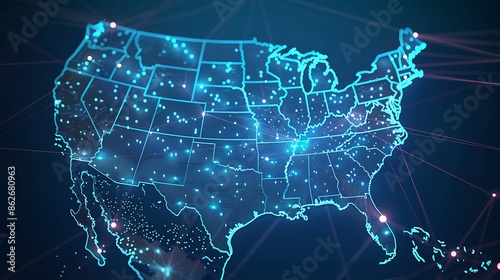 Digital map of USA, concept of American global network and connectivity, data transfer and cyber technology, electronic vote, information exchange and telecommunication