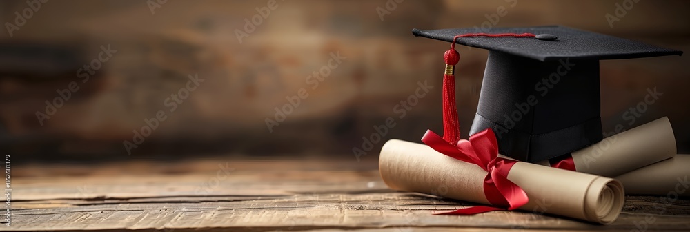 Red Ribbbons Graduation Foto de A black cap and gown with red ribbons sits on top of two ...
