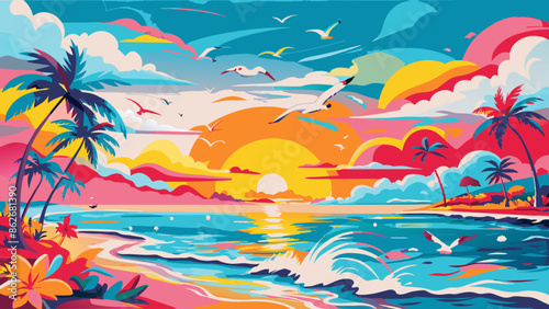 Tropical Sunset Paradise with Colorful Sky and Ocean Landscape