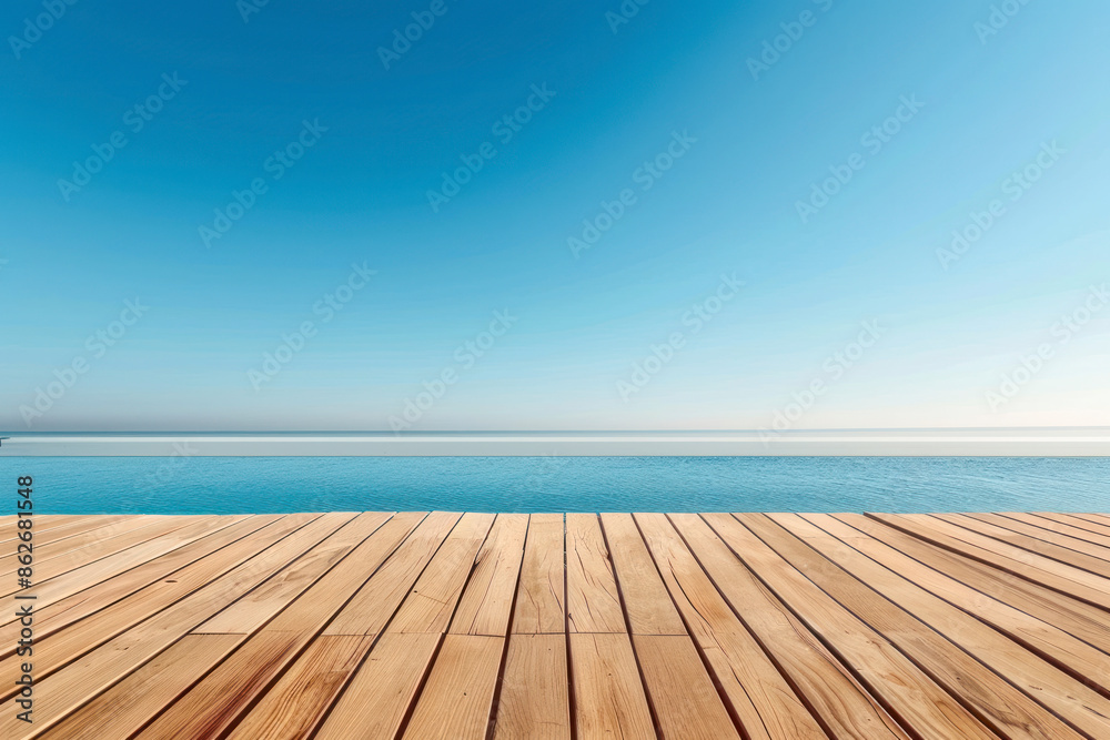 Empty wooden deck with swimming pool , Beautiful minimalist pool side view with clear blue sky. Empty wooden deck with swimming pool , Beautiful minimalist pool side view with clear blue sky.