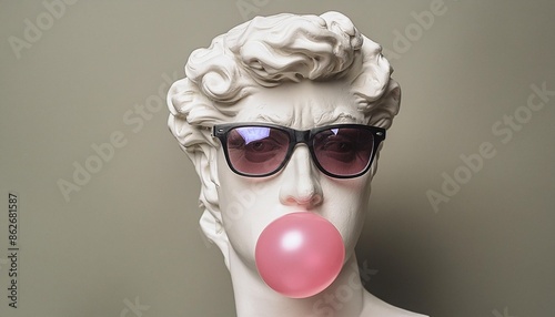 Minimal scene of sunglasses on human head sculpture with pink bubble gum