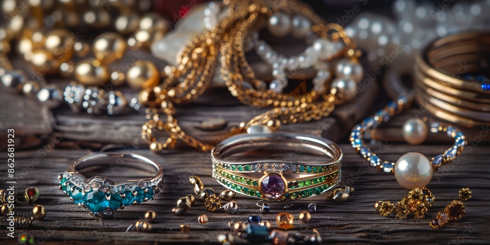 A table full of jewelry including rings, bracelets, and necklaces. The table is cluttered with various pieces of jewelry A table full of jewelry including rings, bracelets, and necklaces. The table is cluttered with various pieces of jewelry