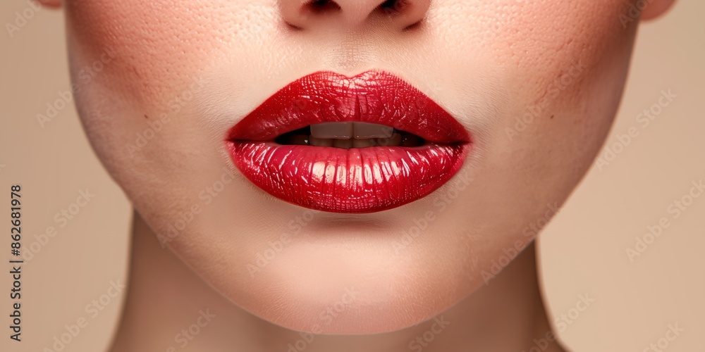 Obraz premium A woman's lips are painted red with a shiny gloss. The lips are closed, but the image is of a close up of the lips