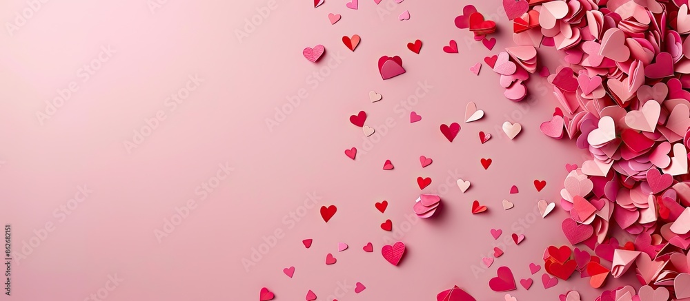 A Valentine's Day theme with pink and red paper hearts flowing on a soft pink background creates a charming copy space image from above. A Valentine's Day theme with pink and red paper hearts flowing on a soft pink background creates a charming copy space image from above.