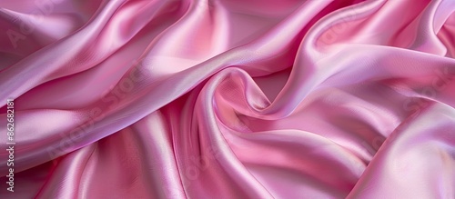 Luxurious baby pink satin silk fabric with a smooth, elegant, wavy texture for an abstract background design, providing copy space image.