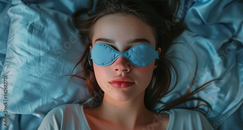 Woman Sleeping With Blue Sleep Mask In Bed