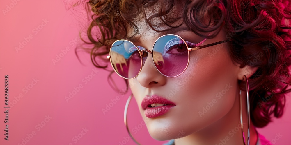A woman with curly hair and a pair of sunglasses is wearing a pink background. She has a bold and confident look on her face A woman with curly hair and a pair of sunglasses is wearing a pink background. She has a bold and confident look on her face