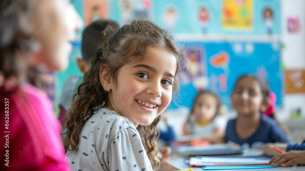 Smiling young girl in a lively classroom Smiling young girl in a lively classroom