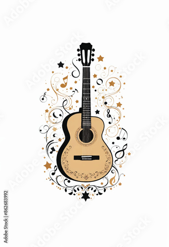 a mexican guitar vihuela surrounded by decorative musical notes and stars on white background