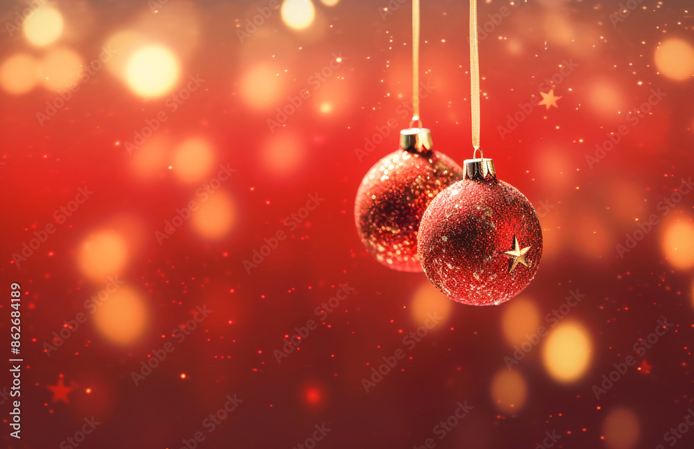 Christmas New Years greeting card banner with red ornament balls hanging on crimson background. Template with copy space Christmas New Years greeting card banner with red ornament balls hanging on crimson background. Template with copy space