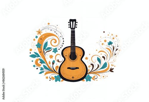 a mexican guitar called vihuela is in a circle with a floral pattern and stars