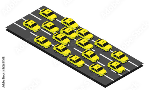 Isometric passenger taxi cars urban traffic high angle view. Passenger highway transportation. Cartoon 3D vector isolated on white background