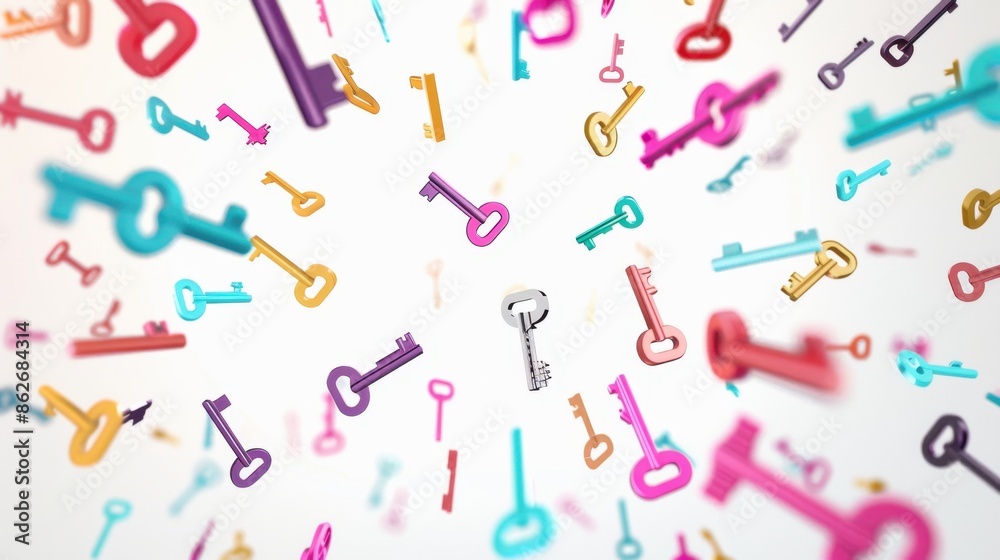 Colorful Keys Falling on White Background Colorful Keys Falling on White Background