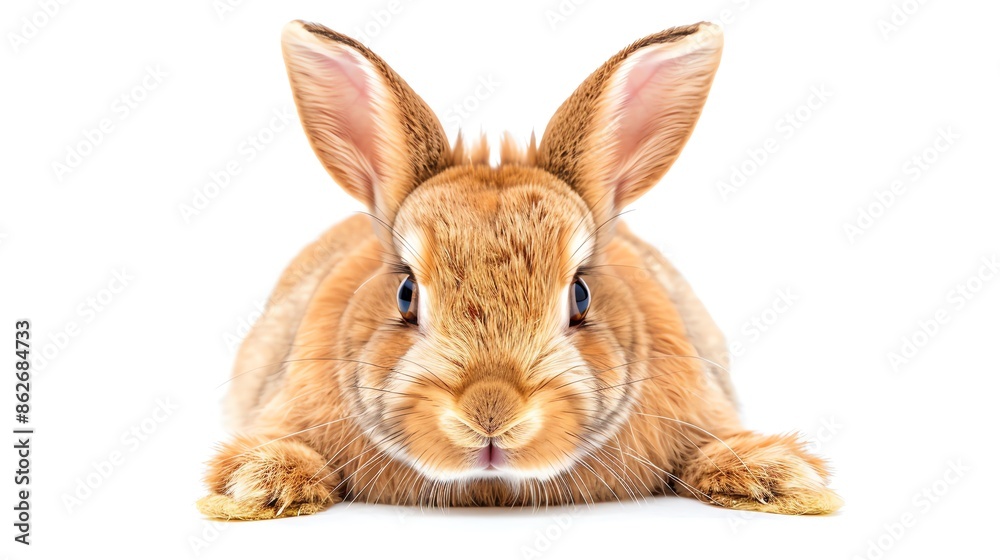 Obraz premium Bright eyed rabbit with soft fur, symmetrically placed and isolated on white, provided for Easter or pet care visuals