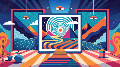 Surreal Landscape with Vibrant Colors and Optical Illusions