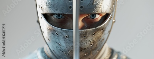 Headshot of an alert fencer, isolated on grey, using CG 3D rendering, light reflecting off the metallic mask, lifelike textures, showing depth in eyes, minimalistic background focus photo