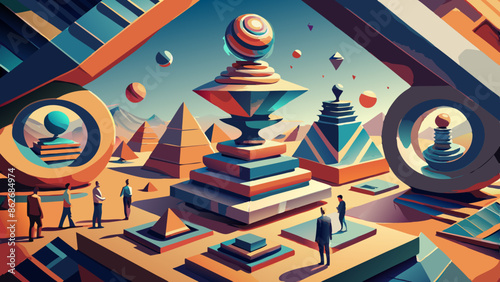 Surreal Digital Landscape with Abstract Shapes and Figures
