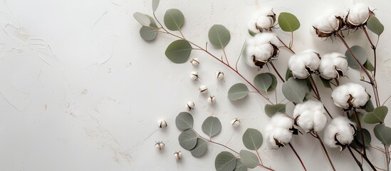 Top view of delicate white cotton flowers and fresh eucalyptus twigs on a light gray background in a flat lay flowers composition with copy space image, ideal for a floral background or greeting card.