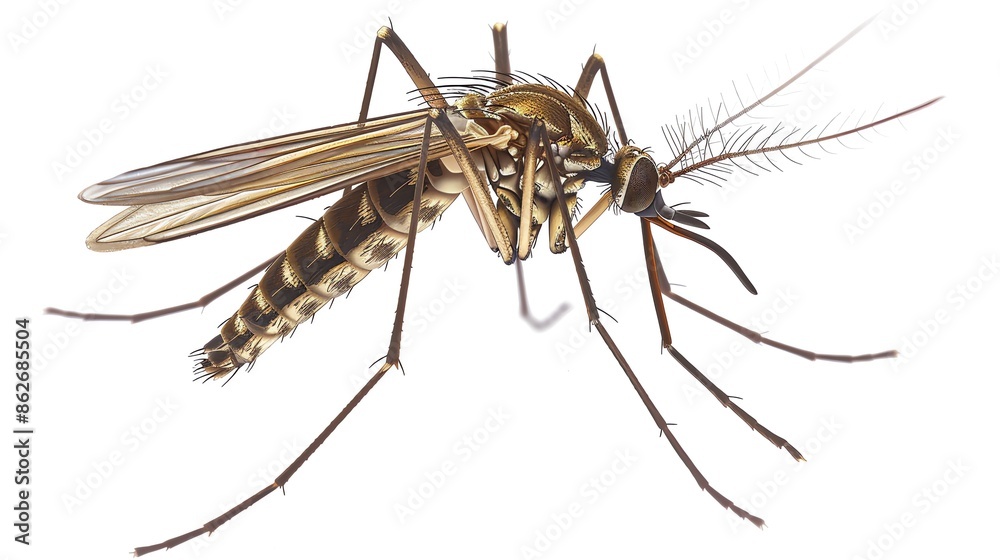Mosquito in flight, finely detailed and isolated on white, available for health awareness or scientific research Mosquito in flight, finely detailed and isolated on white, available for health awareness or scientific research
