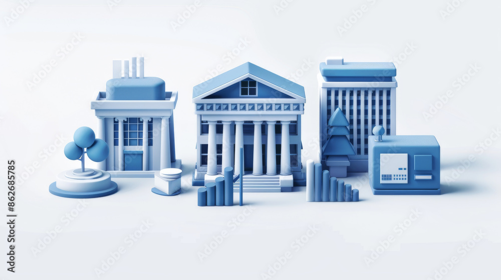 3D finance office icons on a white background, shown from the front. 3D finance office icons on a white background, shown from the front.