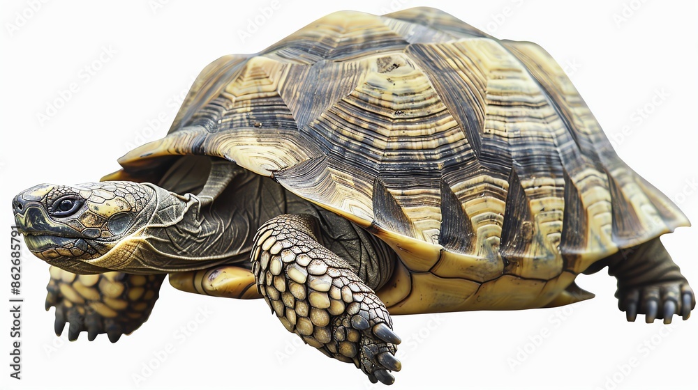 Obraz premium Snuggly tortoise slowly crawling, detailed and isolated on white, available for wildlife conservation or pet care themes