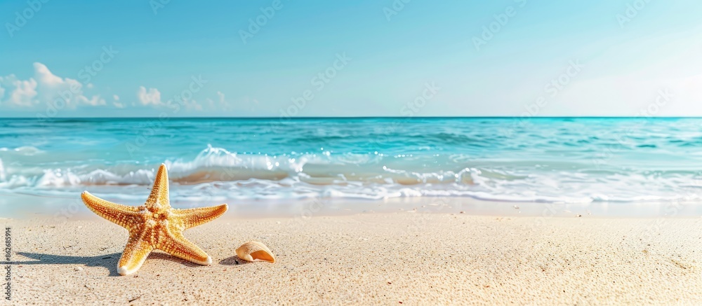 Starfish lying on the sandy shore with vast blue sea and clear skies in the background, creating a picturesque scene with copy space image. Starfish lying on the sandy shore with vast blue sea and clear skies in the background, creating a picturesque scene with copy space image.