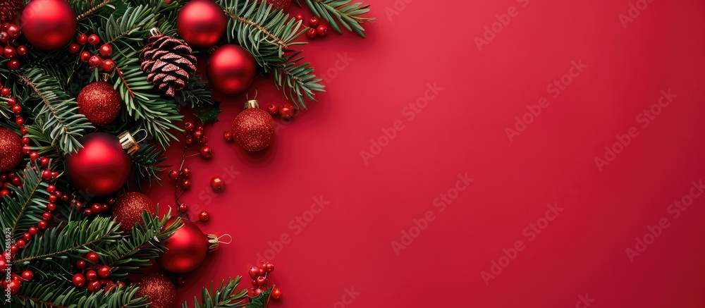 Red paper adorned with Christmas tree decorations creating a festive setting with copy space image. Red paper adorned with Christmas tree decorations creating a festive setting with copy space image.