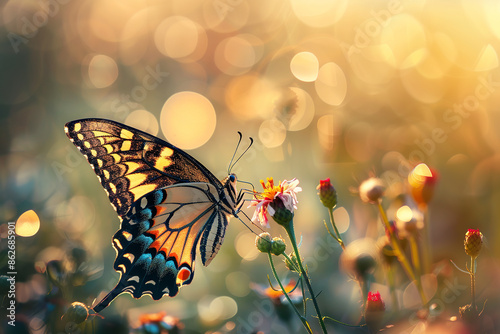 Peacock swallowtail, black and yellow butterfly with wings spread, perched on the flowers of exotic plant, sunlight with bokeh effects photo