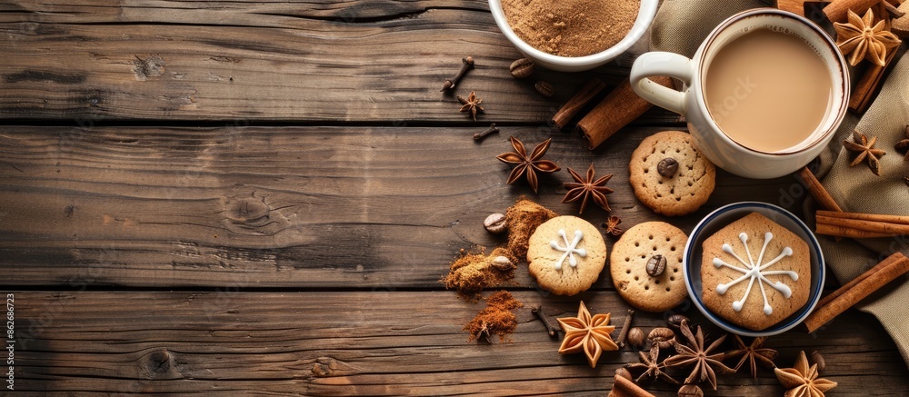 Top view of a cup of coffee and cookies on a wooden background with spices and decor, in retro style, featuring a blank area for text, ideal as a copy space image. Top view of a cup of coffee and cookies on a wooden background with spices and decor, in retro style, featuring a blank area for text, ideal as a copy space image.