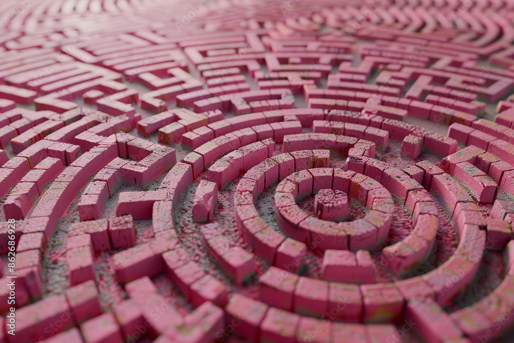 Colorful labyrinth made of wood, the walls and floor form an intricate pattern, rainbow, pink, orange, purple, blue