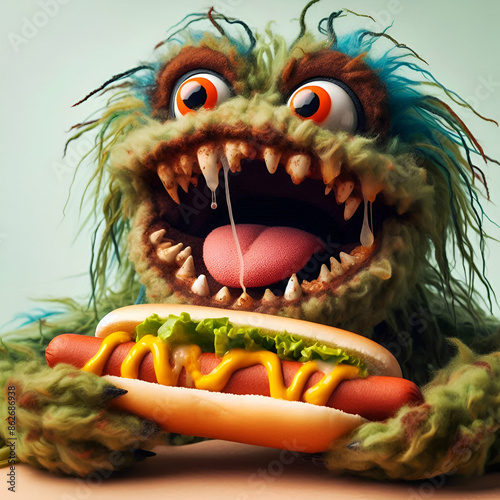 Cuteness overload, close up portrait adorable swamp monster muppet screaming, eating hot dog. photo