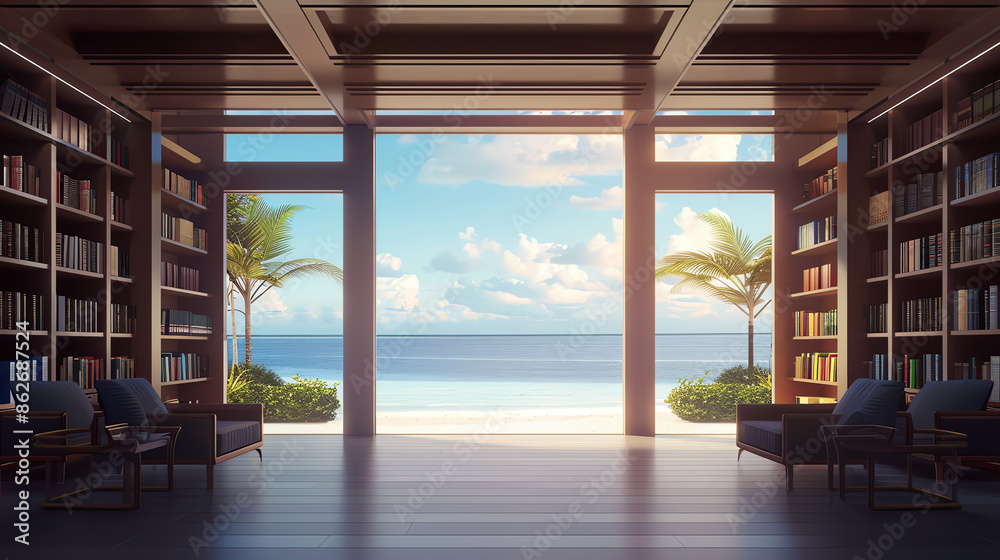 Fototapeta premium Family enjoying a relaxing library trip near the beach, kids exploring bookshelves, parents engaging in reading, photorealistic, peaceful and happy vacation vibes