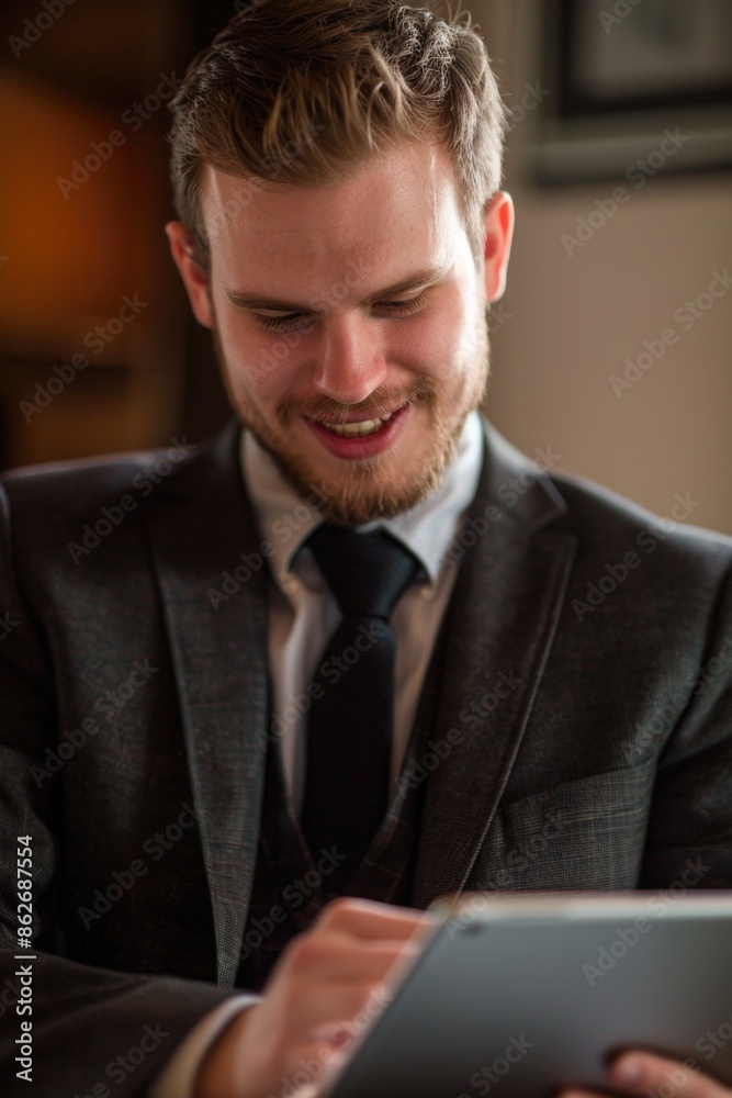 A man in a suit is smiling and using a tablet. Concept of professionalism and productivity, as the man is likely working on a task or communicating with someone A man in a suit is smiling and using a tablet. Concept of professionalism and productivity, as the man is likely working on a task or communicating with someone