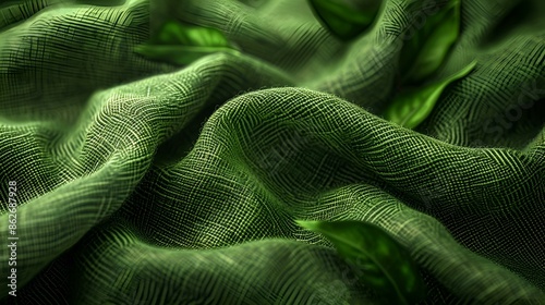 A close-up of a green fabric with intricate leaf patterns, adding a touch of nature to any setting.