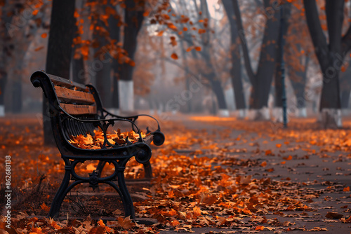 a bench with leaves on the ground