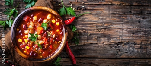 A rustic bowl of tasty chili bean soup on a wooden background with ample copy space image. photo