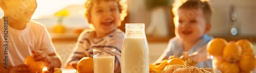 Happy Kids Enjoying Nutritious Milk at the Breakfast Table - Morning Nutrition and Healthy Habits Concept photo