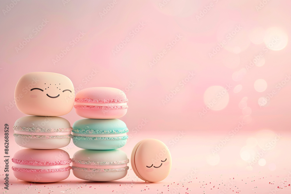 Fototapeta premium cute happy Smiling macarons character on pink pastel background, copy space