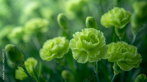 Green carnations blooming in a field, showcasing their vibrant color and natural beauty.

