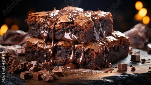 chocolate brownies filled with melted sweet chocolate on black background and blur photo