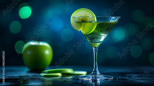  A refreshing green apple martini in a clear glass, garnished with a slice of apple on the rim. photo