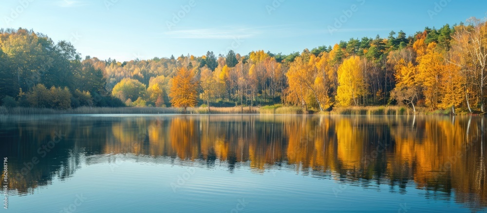 Obraz premium Autumn landscape with a vivid yellow forest reflecting in the lake's surface, bathed in sunlight providing a vibrant copy space image.