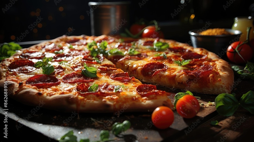 full pizza with vegetables and meat on wooden table with blur background full pizza with vegetables and meat on wooden table with blur background