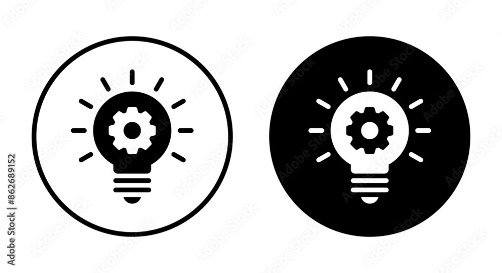 Gear on light bulb icon on black circle. Development, implementation concept Gear on light bulb icon on black circle. Development, implementation concept