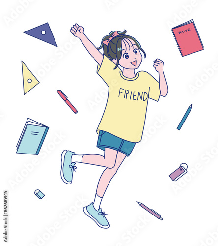 元気にジャンプする小学生女子