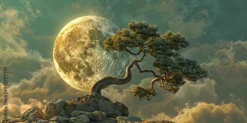 Stylized Golden Tree Against a Textured Moon