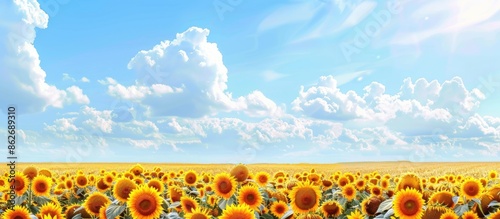 Vibrant sunflowers in full bloom in a vast field under a bright blue sky with fluffy white clouds, creating a picturesque scene with copy space image.