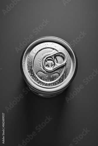 A can of soda is opened and the top is sitting on a table. The can is empty and the top is still attached