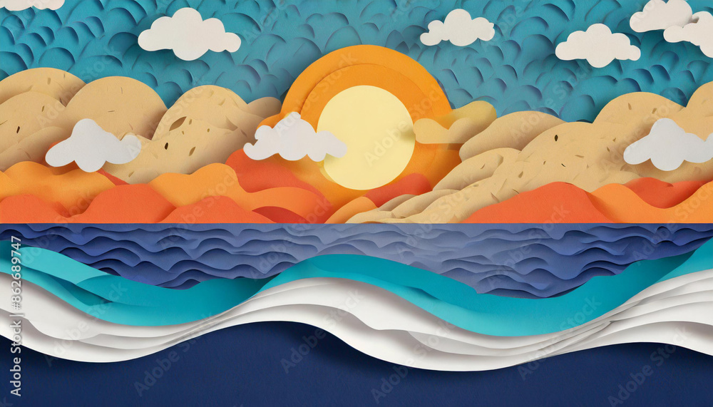 A beautiful paper-cut illustration of a sunset over a beach. The sun is a bright orange, and the sky is a soft blue. The clouds are fluffy and white, and the beach is a warm beige. The ocean is a blue A beautiful paper-cut illustration of a sunset over a beach. The sun is a bright orange, and the sky is a soft blue. The clouds are fluffy and white, and the beach is a warm beige. The ocean is a blue